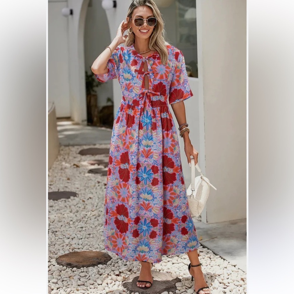 Olivaceous Rose Floral Print Tie Front High Waist Loose Midi Dress Size Small